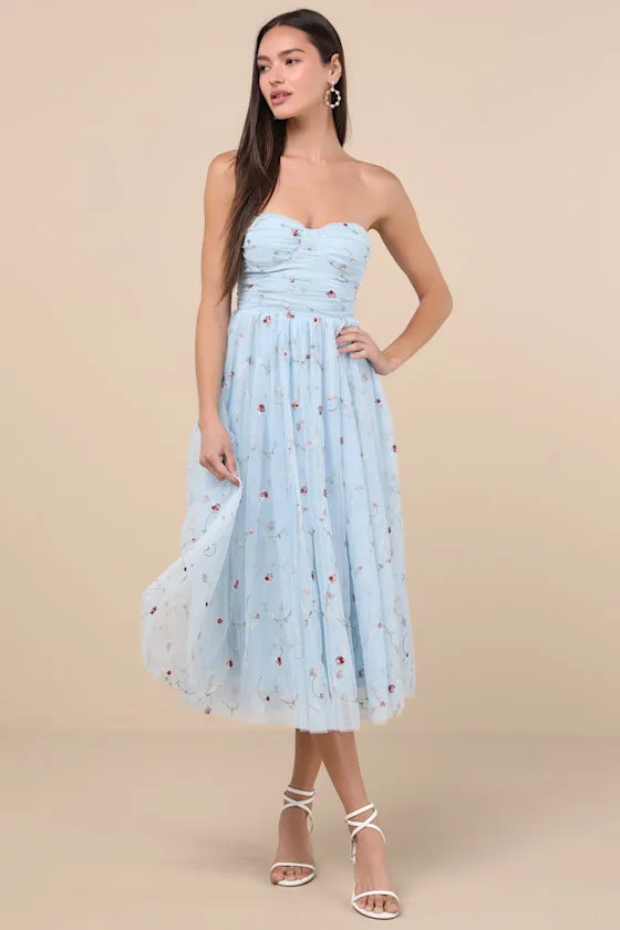 Kiley Light Blue Embroidered Strapless Midi Dress sold by Lulus