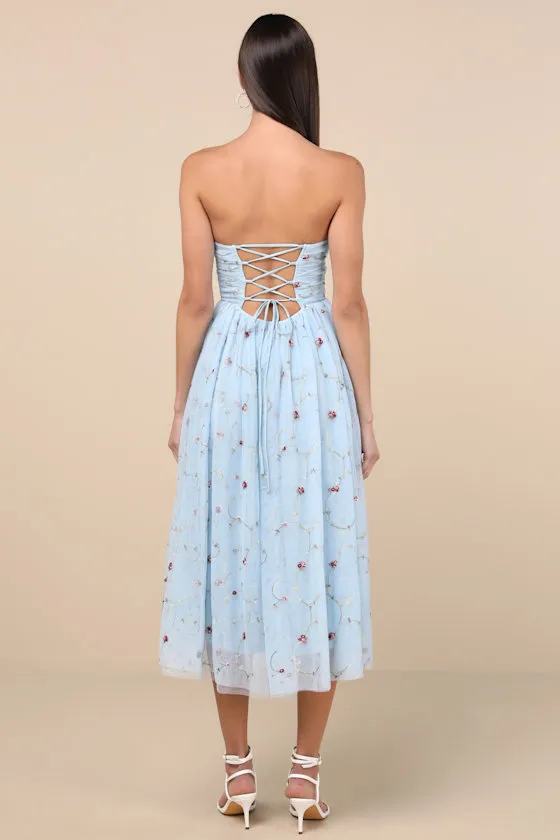 Kiley Light Blue Embroidered Strapless Midi Dress sold by Lulus product image thumbnail 2