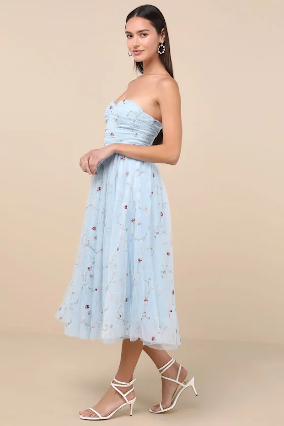 Kiley Light Blue Embroidered Strapless Midi Dress sold by Lulus product image thumbnail 4