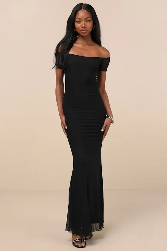 Faizah Black Mesh Off-the-Shoulder Mermaid Maxi Dress sold by Lulus
