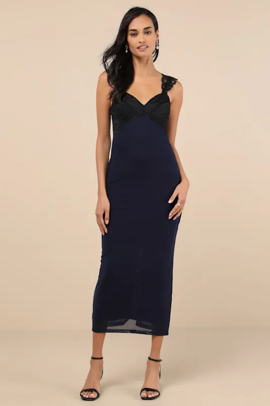 Flirty Whimsy Navy and Black Mesh Midi Dress sold by Lulus