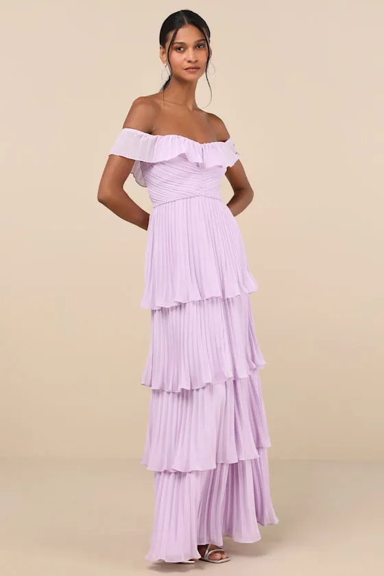 Always Remarkable Lavender Pleated Off-the-Shoulder Maxi Dress sold by Lulus