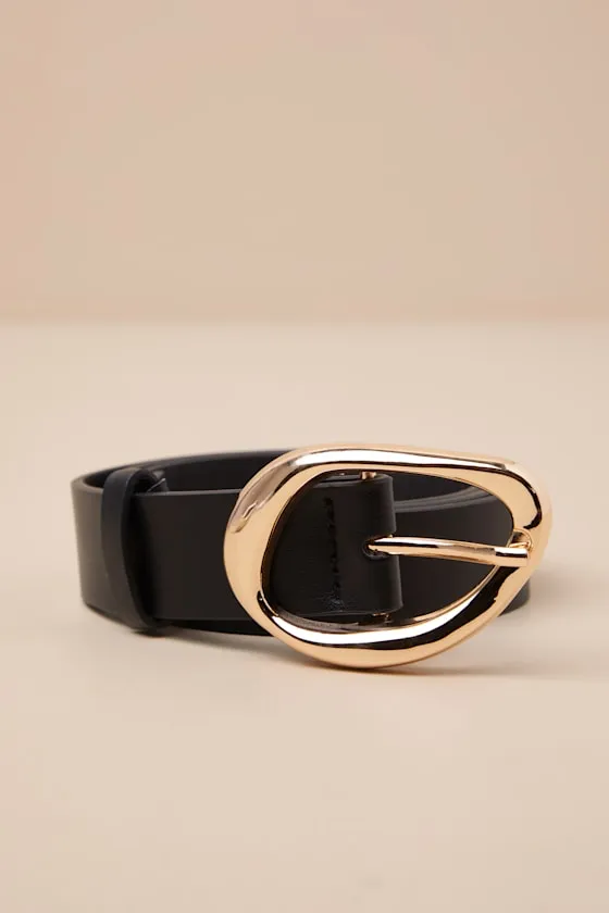 Laken Black and Gold Oval Buckle Belt sold by Lulus