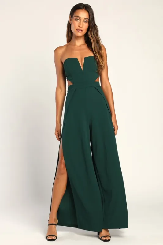 Make Your Statement Emerald Strapless Cutout Wide-Leg Jumpsuit sold by Lulus