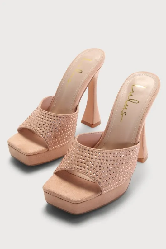 Karelee Light Nude Suede Rhinestone Platform High Heel Sandals sold by Lulus