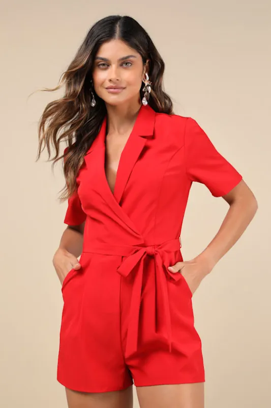 Compelling Intent Red Collared Surplice Short Sleeve Romper sold by Lulus