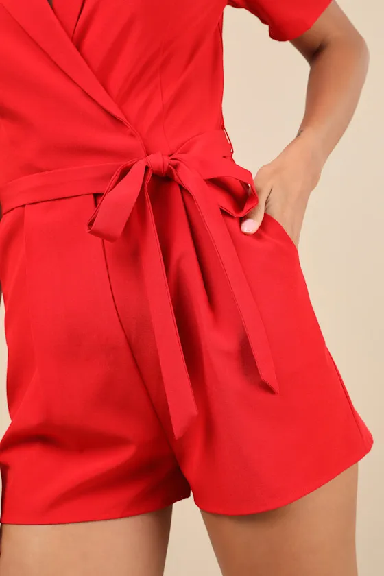 Compelling Intent Red Collared Surplice Short Sleeve Romper sold by Lulus product image thumbnail 4