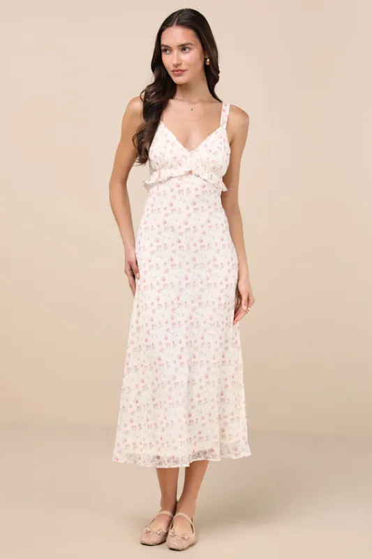 Valonia Cream Floral Ruffled Empire Waist Midi Dress made by Lulus