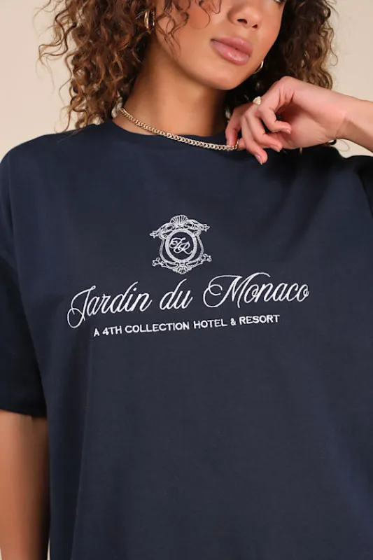 Maison Navy Blue Embroidered Logo Tee sold by Lulus
