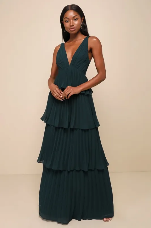 Mesmerizing Essence Emerald Pleated Backless Tiered Maxi Dress sold by Lulus
