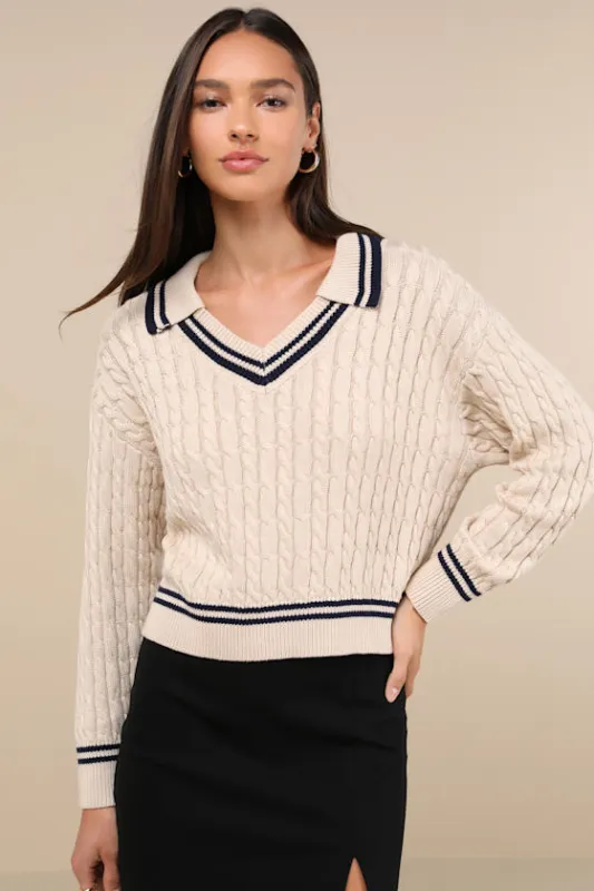 Posh Expert Beige Cable Knit Pullover Varsity Sweater made by Lulus