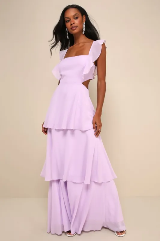 Elegant Event Lavender Ruffled Tie-Back Tiered Maxi Dress sold by Lulus