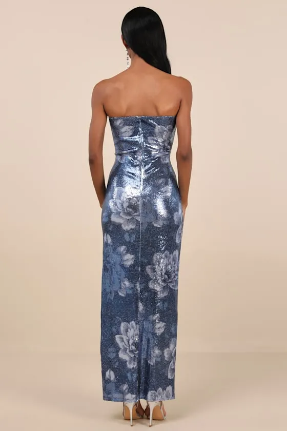 Glowing Wonder Blue Floral Sequin Strapless Maxi Dress sold by Lulus product image thumbnail 4