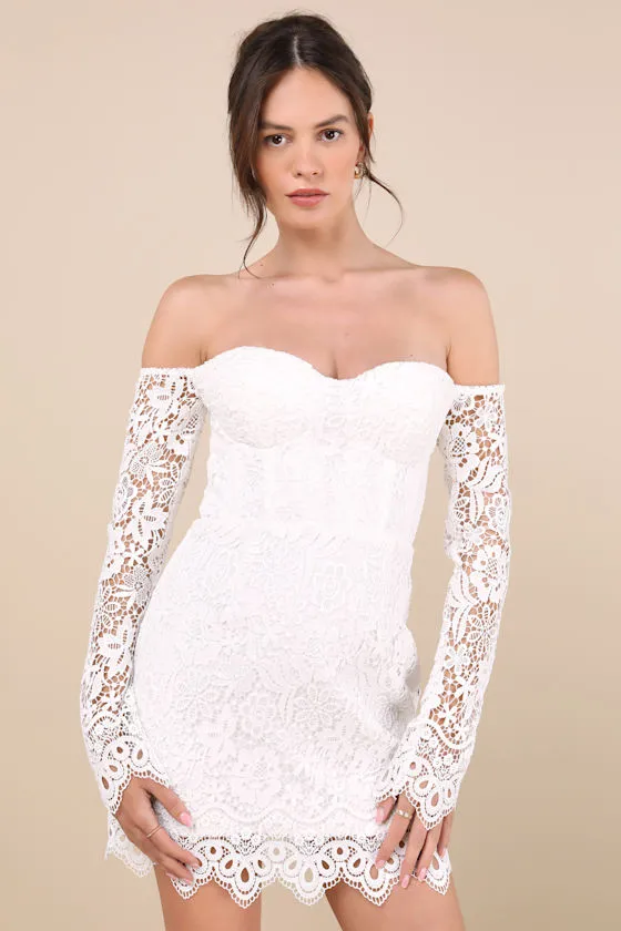 Aalia White Crochet Lace Off-The-Shoulder Mini Dress sold by Lulus
