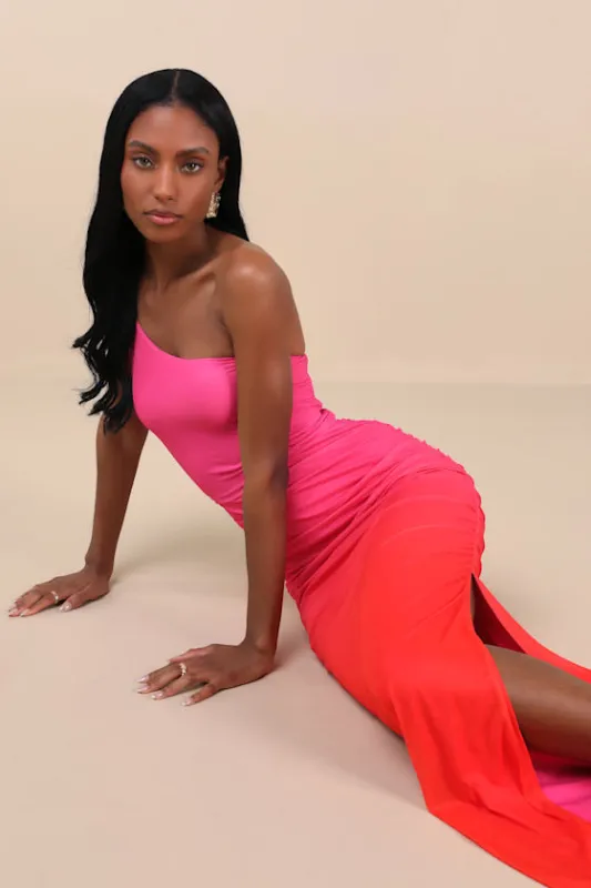 Krista Pink Ombre Mesh One-Shoulder Maxi Dress sold by Lulus