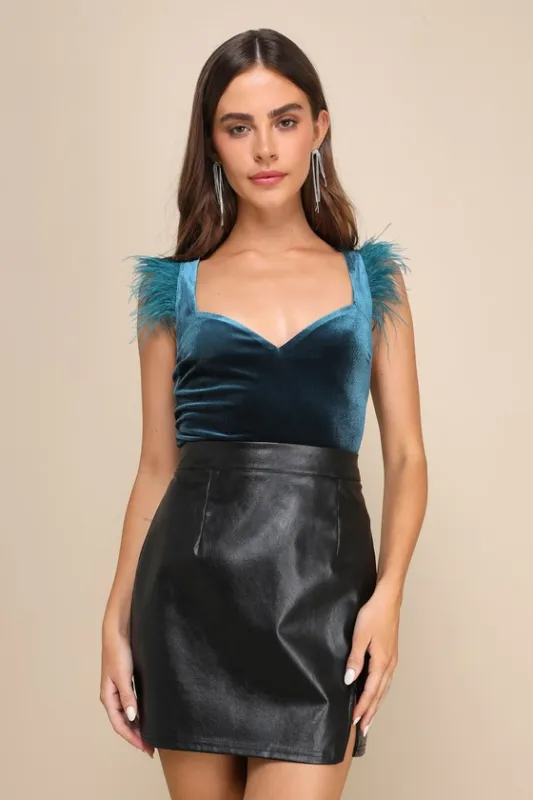 Fabulous Vibe Teal Blue Velvet Feather Sleeveless Bodysuit sold by Lulus