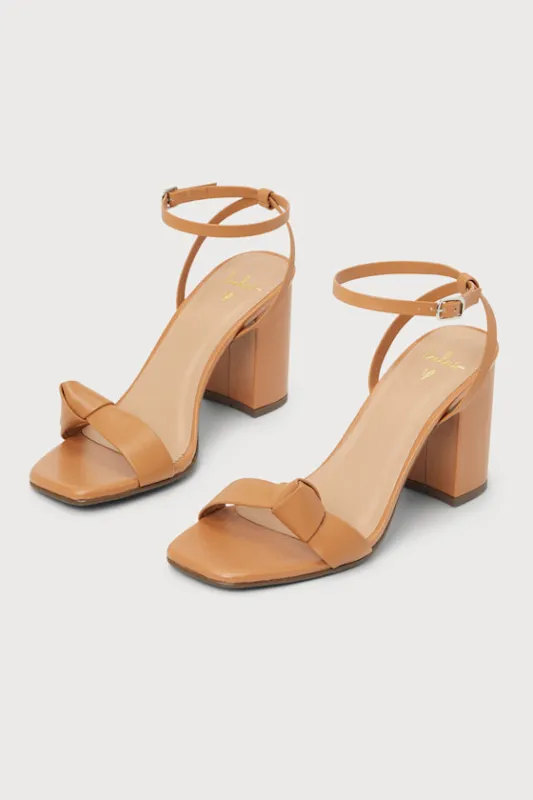 Alandra Cognac Leather Knotted Ankle Strap High Heels sold by Lulus