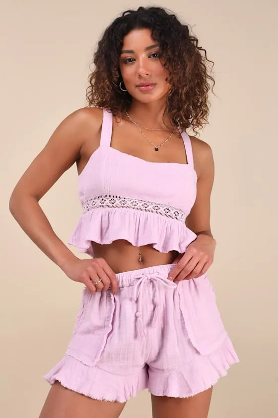 Banzai Babe Lilac Drawstring Ruffled Shorts sold by Lulus