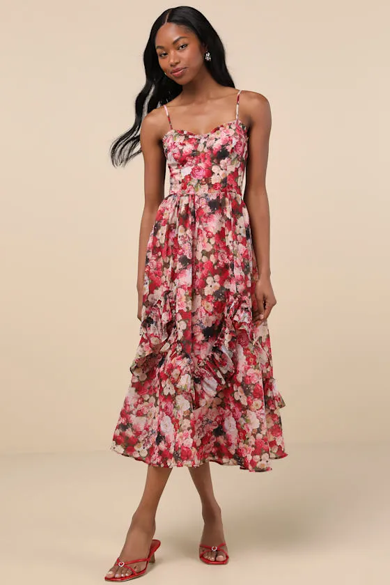 Maisley Red Multi Floral Bustier Ruffled Midi Dress sold by Lulus