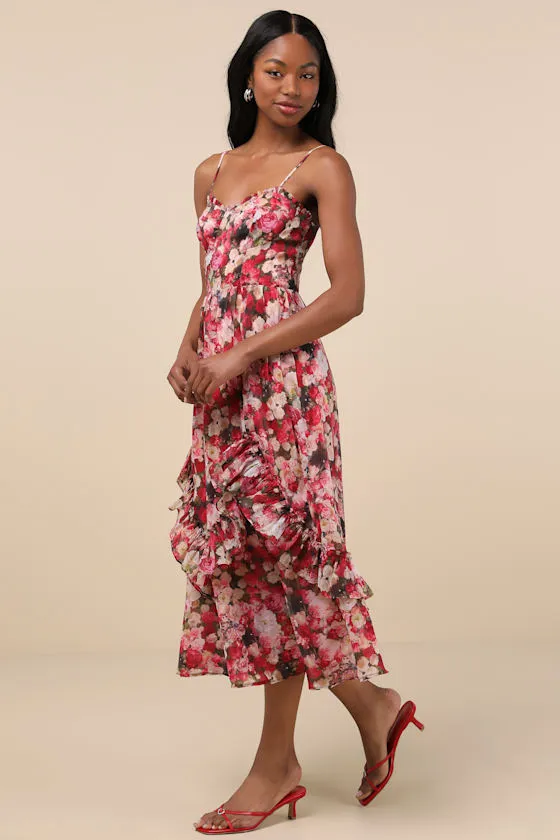 Maisley Red Multi Floral Bustier Ruffled Midi Dress sold by Lulus product image thumbnail 2