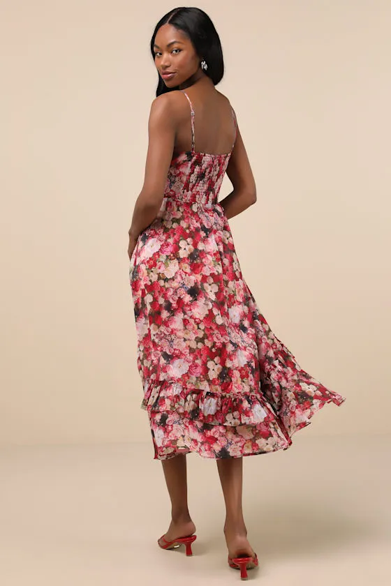 Maisley Red Multi Floral Bustier Ruffled Midi Dress sold by Lulus product image thumbnail 3