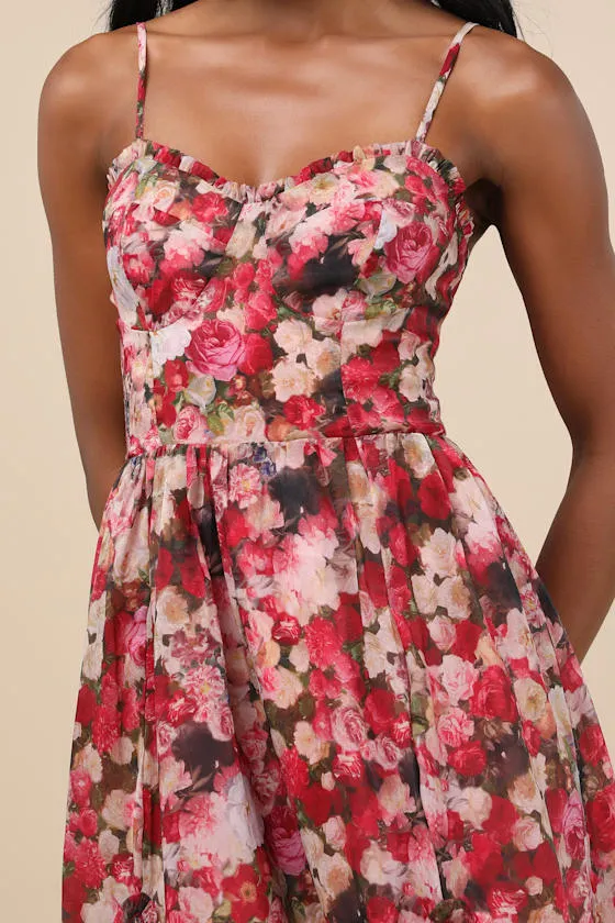 Maisley Red Multi Floral Bustier Ruffled Midi Dress sold by Lulus product image thumbnail 4
