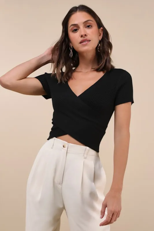 Exceptionally Confident Black Ribbed Cross-Front Crop Top sold by Lulus