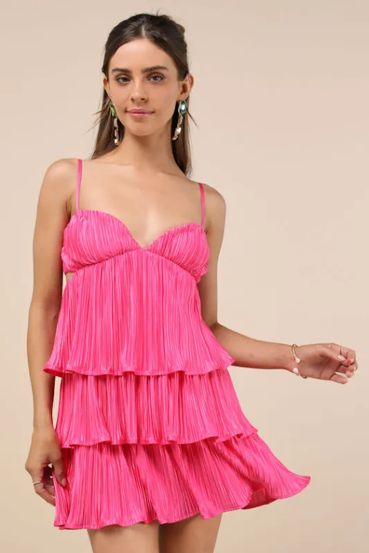 Sleek Dedication Hot Pink Satin Plisse Cutout Tiered Mini Dress sold by Lulus