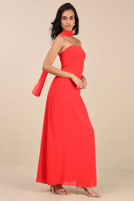 Rawya Red Orange Strapless Maxi Dress and Scarf Set sold by Lulus