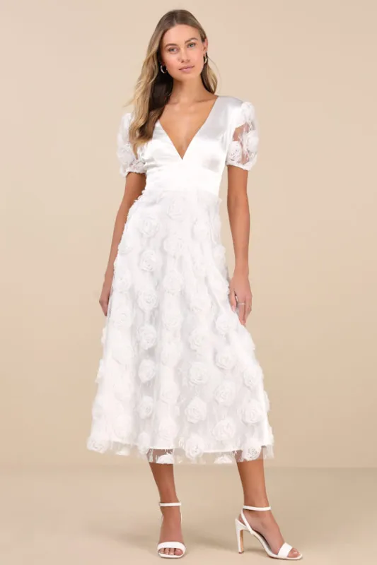 Gorgeous Elevation White Lace Rosette Puff Sleeve Midi Dress sold by Lulus
