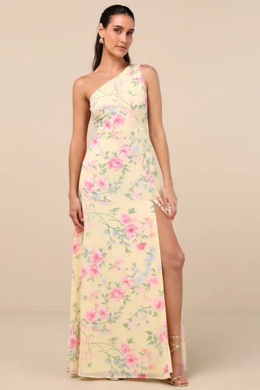 Elegant Admiration Pale Yellow Floral One-Shoulder Maxi Dress sold by Lulus