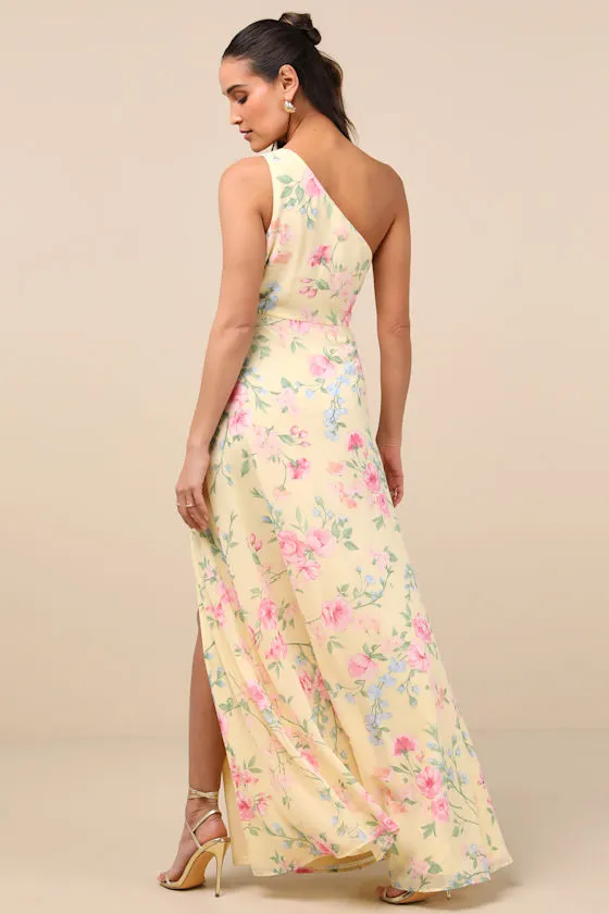 Elegant Admiration Pale Yellow Floral One-Shoulder Maxi Dress sold by Lulus product image thumbnail 2