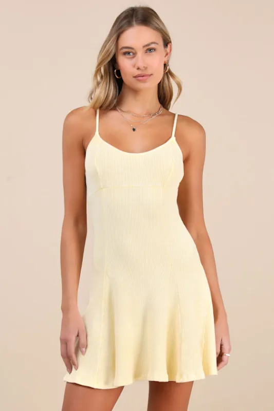 Simply Pretty Washed Yellow Ribbed Pleated Sleeveless Mini Dress sold by Lulus