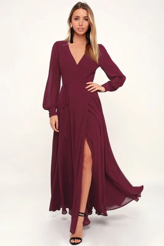 My Whole Heart Burgundy Long Sleeve Wrap Dress sold by Lulus