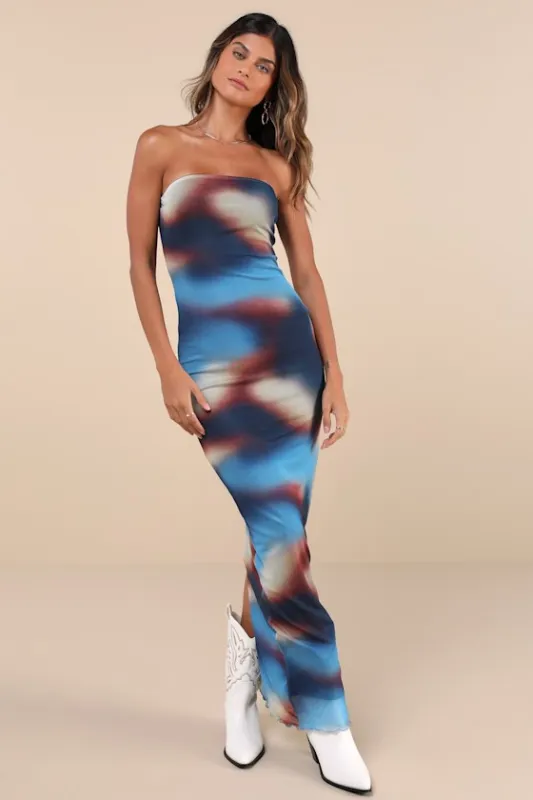 Exquisite Mood Blue Multi Mesh Strapless Bodycon Maxi Dress made by Lulus