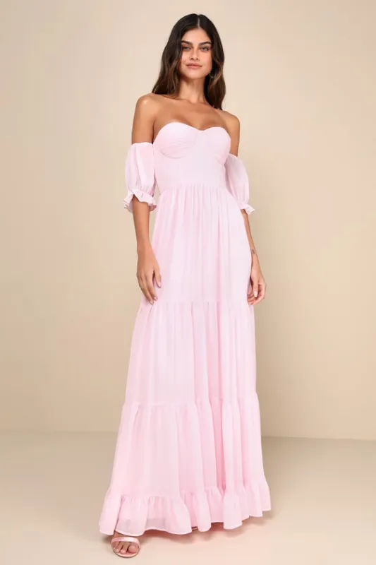 Exceptionally Gorgeous Blush Chiffon Off-the-Shoulder Maxi Dress sold by Lulus