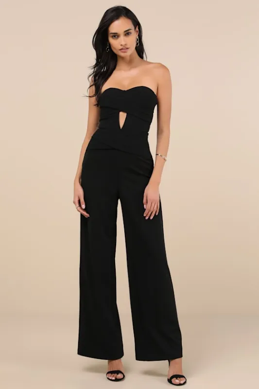 Natasha Black Strapless Pleated Jumpsuit sold by Lulus