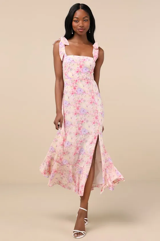 Summer Invite Pink Multi Floral Tie-Strap Tiered Midi Dress sold by Lulus