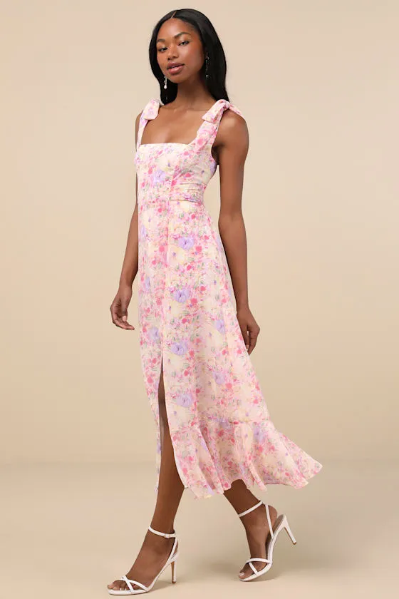 Summer Invite Pink Multi Floral Tie-Strap Tiered Midi Dress sold by Lulus product image thumbnail 2