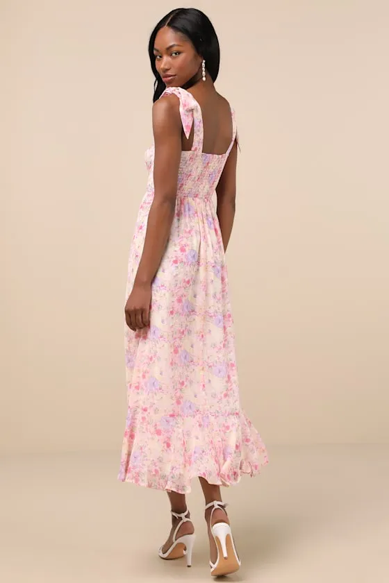 Summer Invite Pink Multi Floral Tie-Strap Tiered Midi Dress sold by Lulus product image thumbnail 3