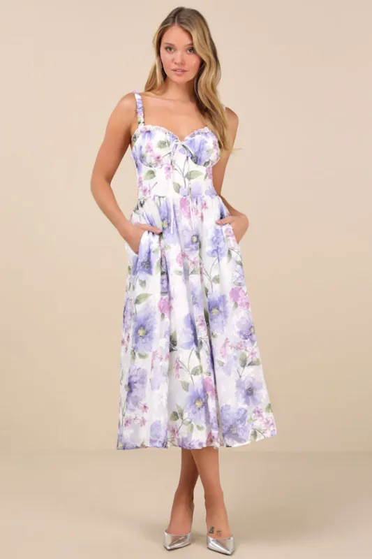 Hillela Ivory Floral Ruffled Lace-Up Midi Skater Dress sold by Lulus