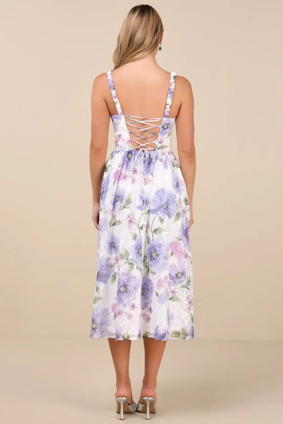 Hillela Ivory Floral Ruffled Lace-Up Midi Skater Dress sold by Lulus product image thumbnail 3