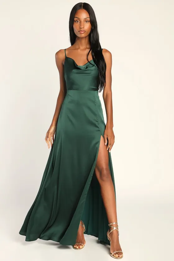 Formal Invitation Emerald Green Satin Cowl Neck Maxi Dress sold by Lulus