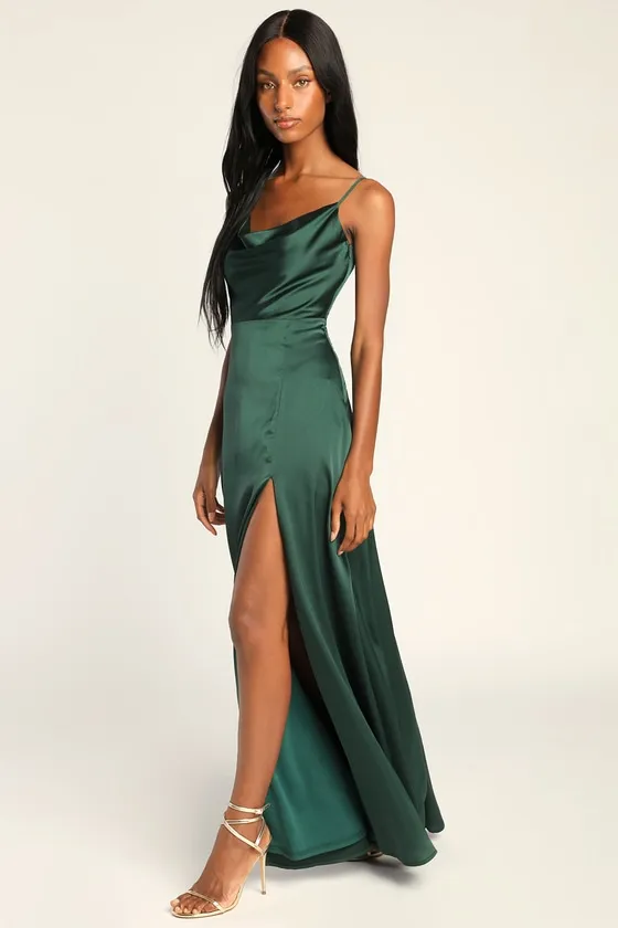 Formal Invitation Emerald Green Satin Cowl Neck Maxi Dress sold by Lulus product image thumbnail 3