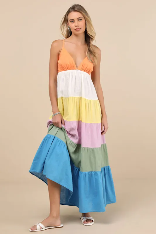 Honolulu Glow Multi Color Block Tiered Maxi Dress sold by Lulus