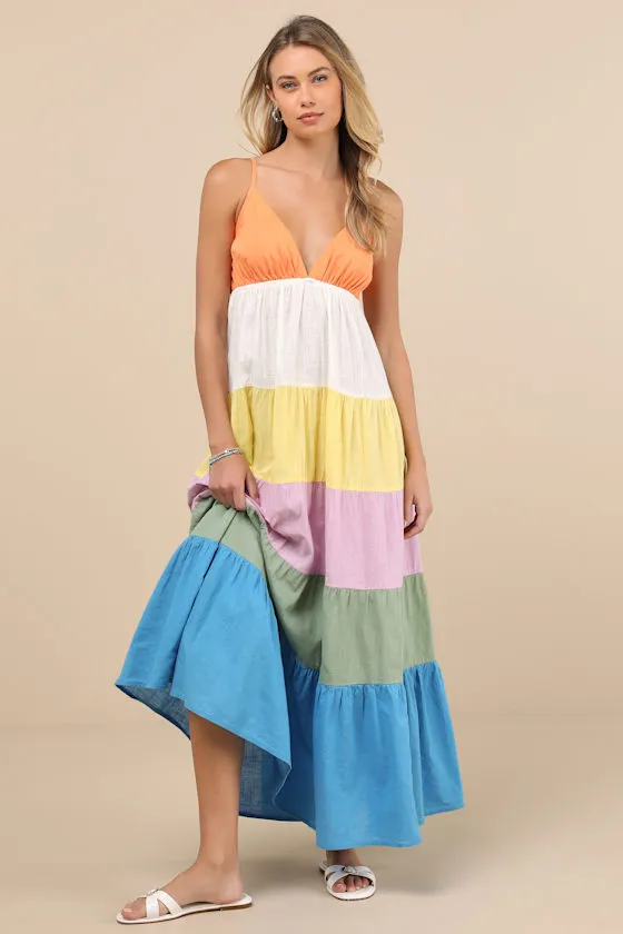 Honolulu Glow Multi Color Block Tiered Maxi Dress sold by Lulus