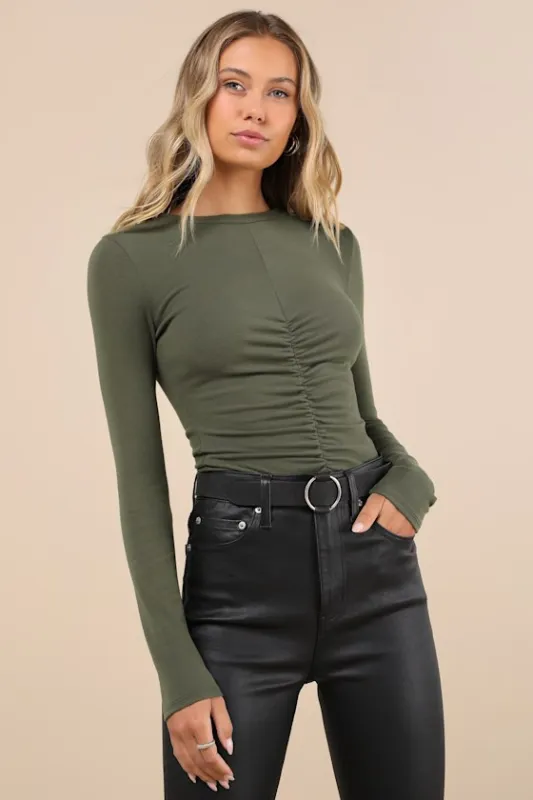 Casual Energy Olive Green Ruched Long Sleeve Crew Neck Top sold by Lulus