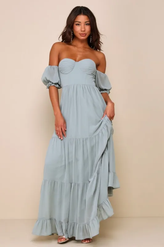 Exceptionally Gorgeous Sage Chiffon Off-the-Shoulder Maxi Dress sold by Lulus