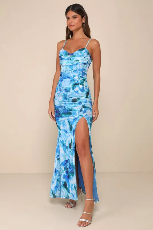 Stunning Wonder Blue Floral Mesh Bustier Mermaid Maxi Dress sold by Lulus