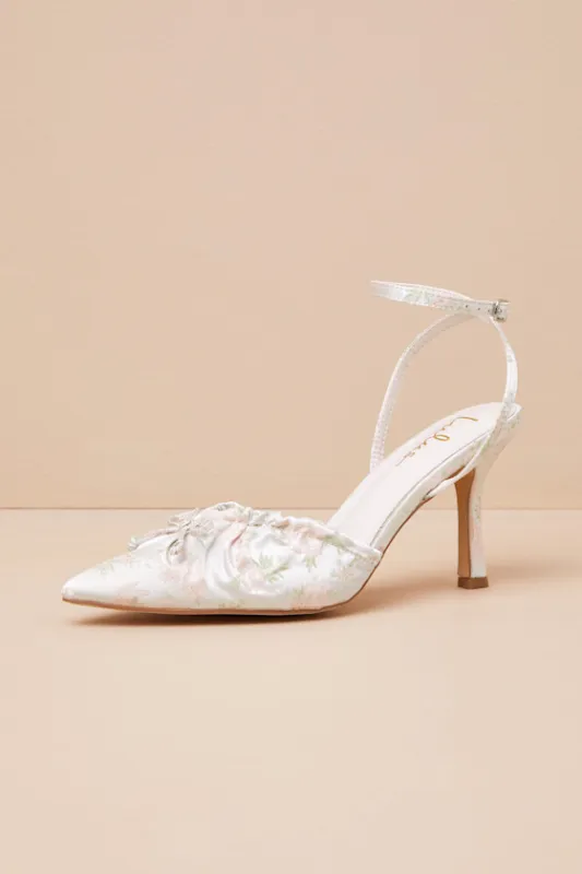 Issoria Gold Mix Floral Satin Bow Ankle Strap Pumps sold by Lulus